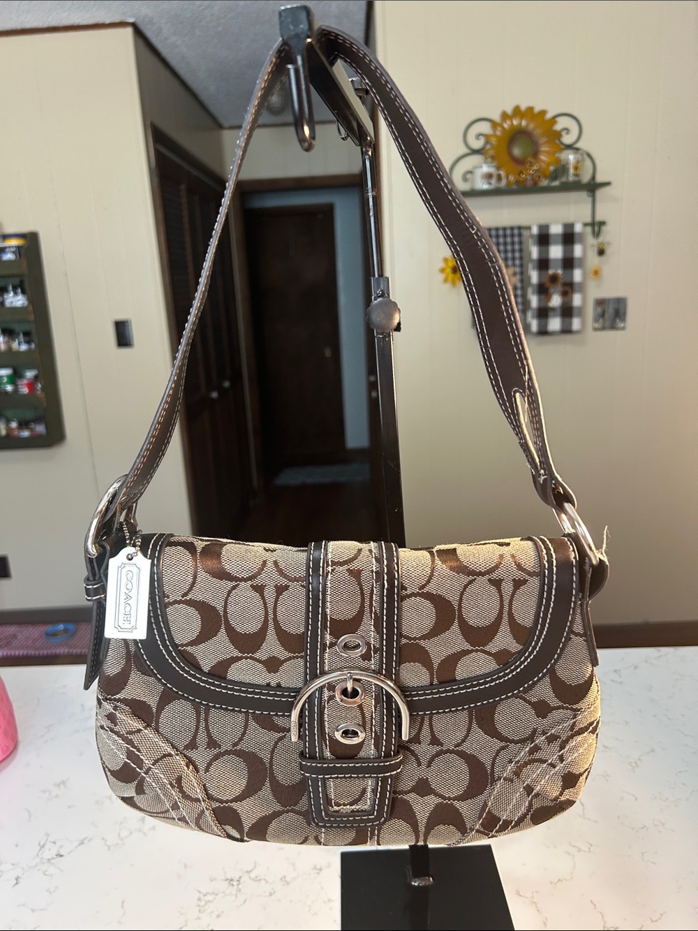 Coach Brown Signature Jacquard Buckle Shoulder Bag with Tan Accents 2003